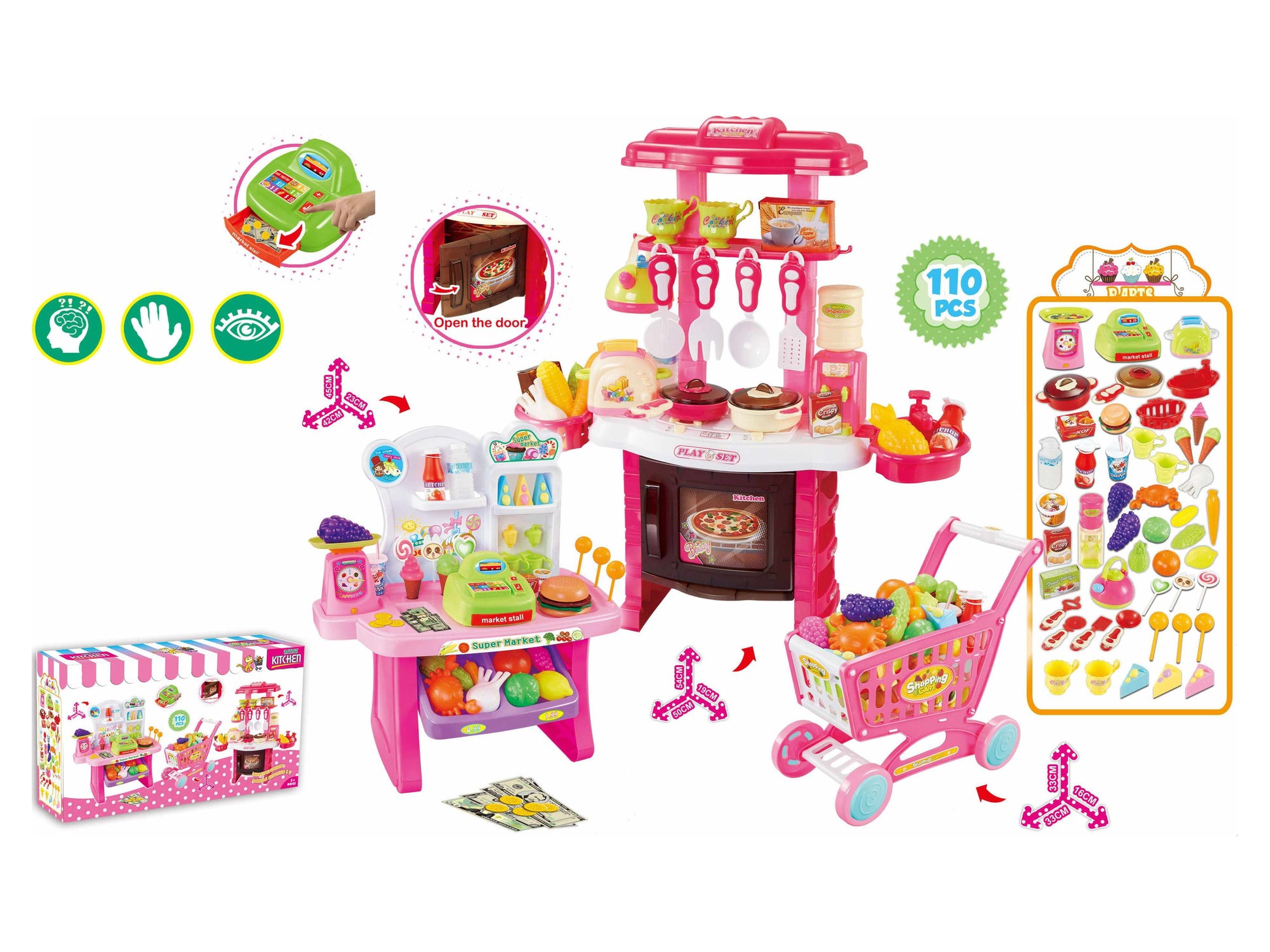 Supermarket Play Set 3 In1 Kitchen Set for Kids Pink 110 Pcs for Toddlers Girls +3