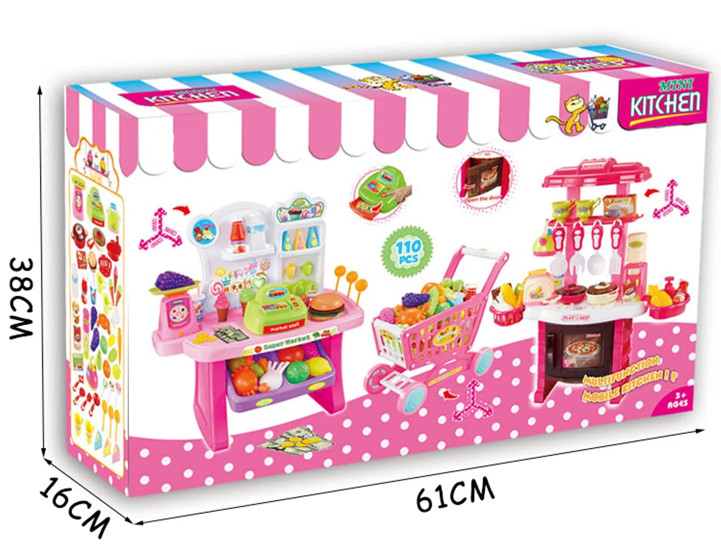 Supermarket Play Set 3 In1 Kitchen Set for Kids Pink 110 Pcs for Toddlers Girls +3