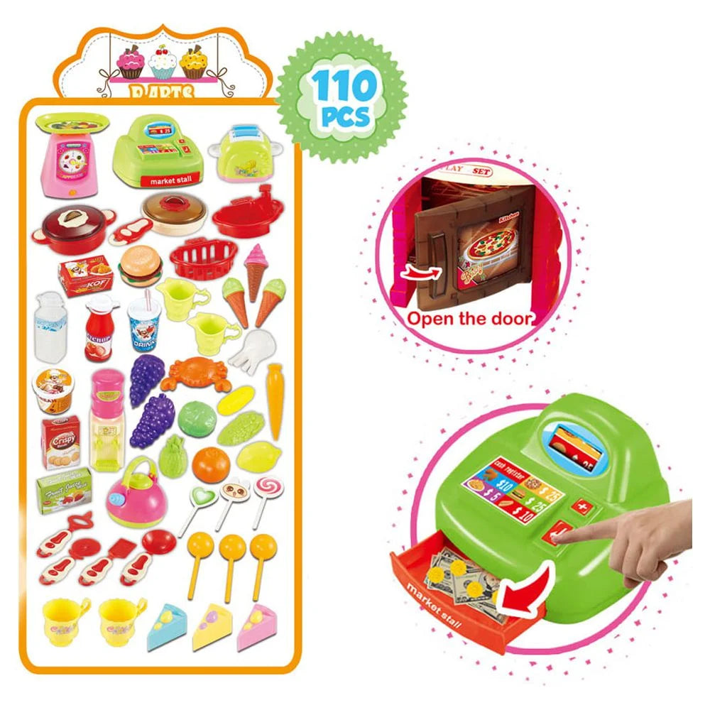 Supermarket Play Set 3 In1 Kitchen Set for Kids Pink 110 Pcs for Toddlers Girls +3