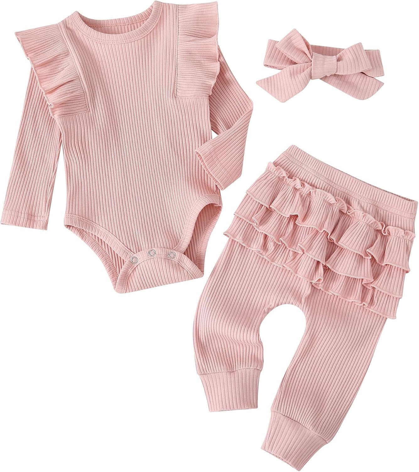 Baby Girl'S 3Pc Rib Frill Long Sleeve Romper and Pant Set