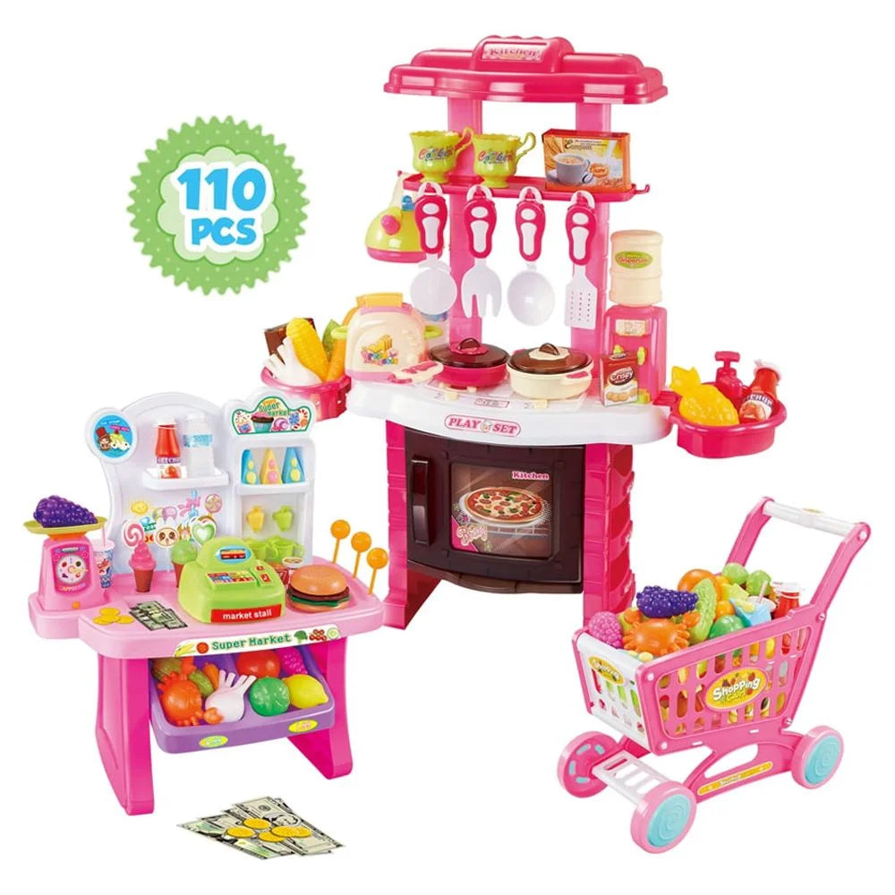 Supermarket Play Set 3 In1 Kitchen Set for Kids Pink 110 Pcs for Toddlers Girls +3