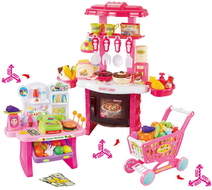 Supermarket Play Set 3 In1 Kitchen Set for Kids Pink 110 Pcs for Toddlers Girls +3