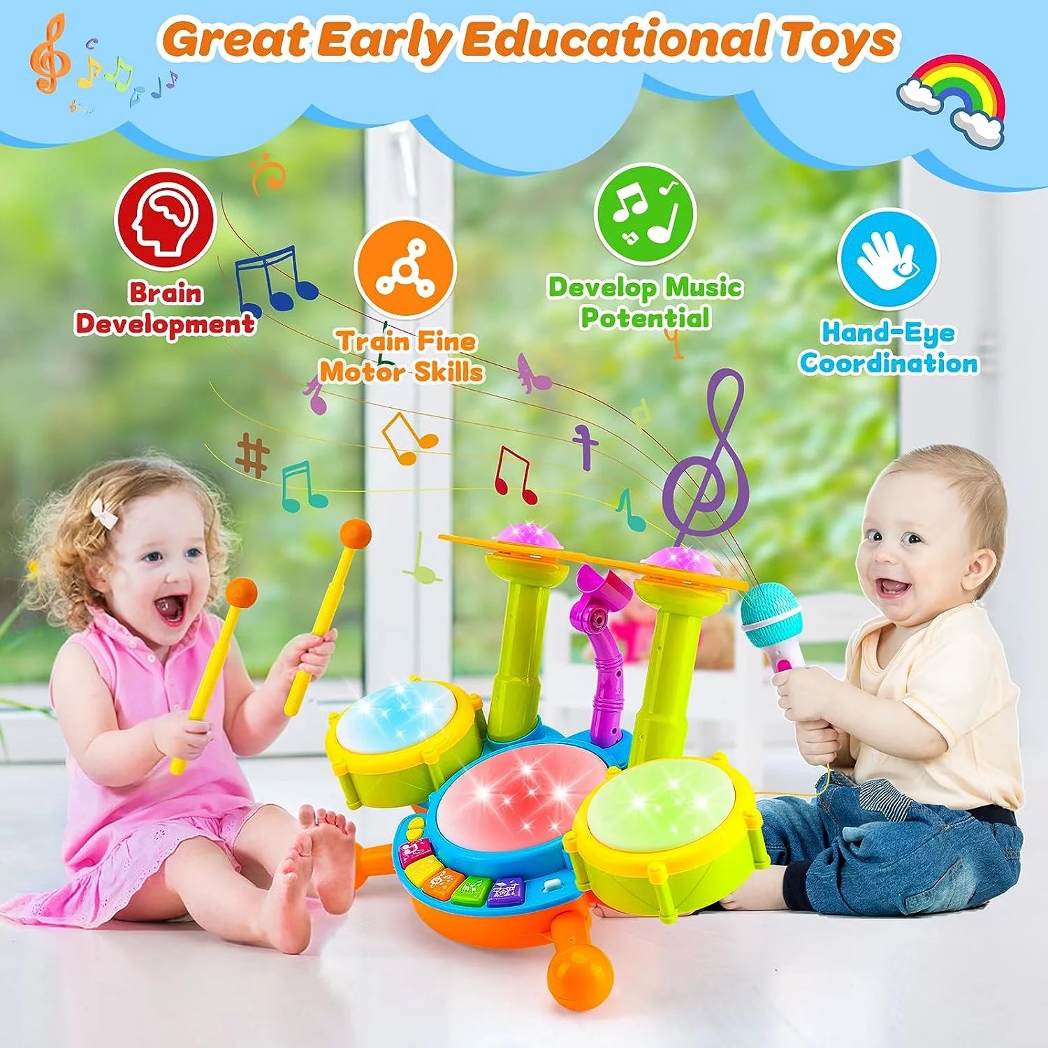 Musical Toys for 1 Year Old, Drum Sets for Toddlers 1-3, Baby Learning Toys for 2-5 Years, Light Uptoy for Girls Boys Birthday Gift