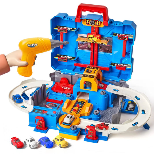 New Race Track Car Garage, Toy Car Race Track, Roll up Race Track for Kids, Parking Adventure Toy, Cars Play sets with 4 Cars, Best Gifts Age 3 4 5 6 7+ Years