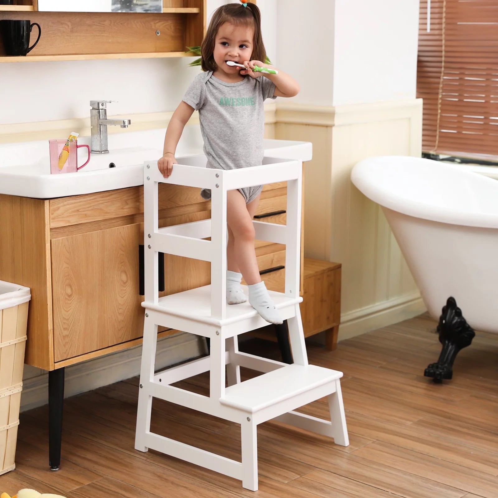 Kitchen Step Stool for Toddlers, Montessori Kids Learning Stool,Baby Standing Tower for Counter,Children Standing Helper (White)