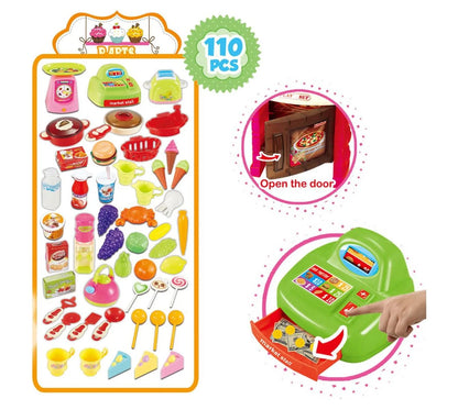 Supermarket Play Set 3 In1 Kitchen Set for Kids Pink 110 Pcs for Toddlers Girls +3