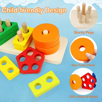 Montessori Toys for 1 to 3-Year-Old Boys Girls Toddlers, Wooden Sorting & Stacking Toys for Toddlers and Kids Preschool, Educational Toys