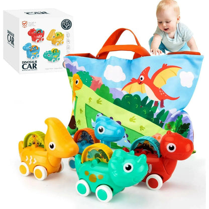 1 Year Old Boy Gift, 4 Sets of Vehicle Dinosaur Car Toys with Playmat and Storage Bag Baby Toys 12-18 Months First Birthday Gifts for 1 Year Old Infants and Toddlers