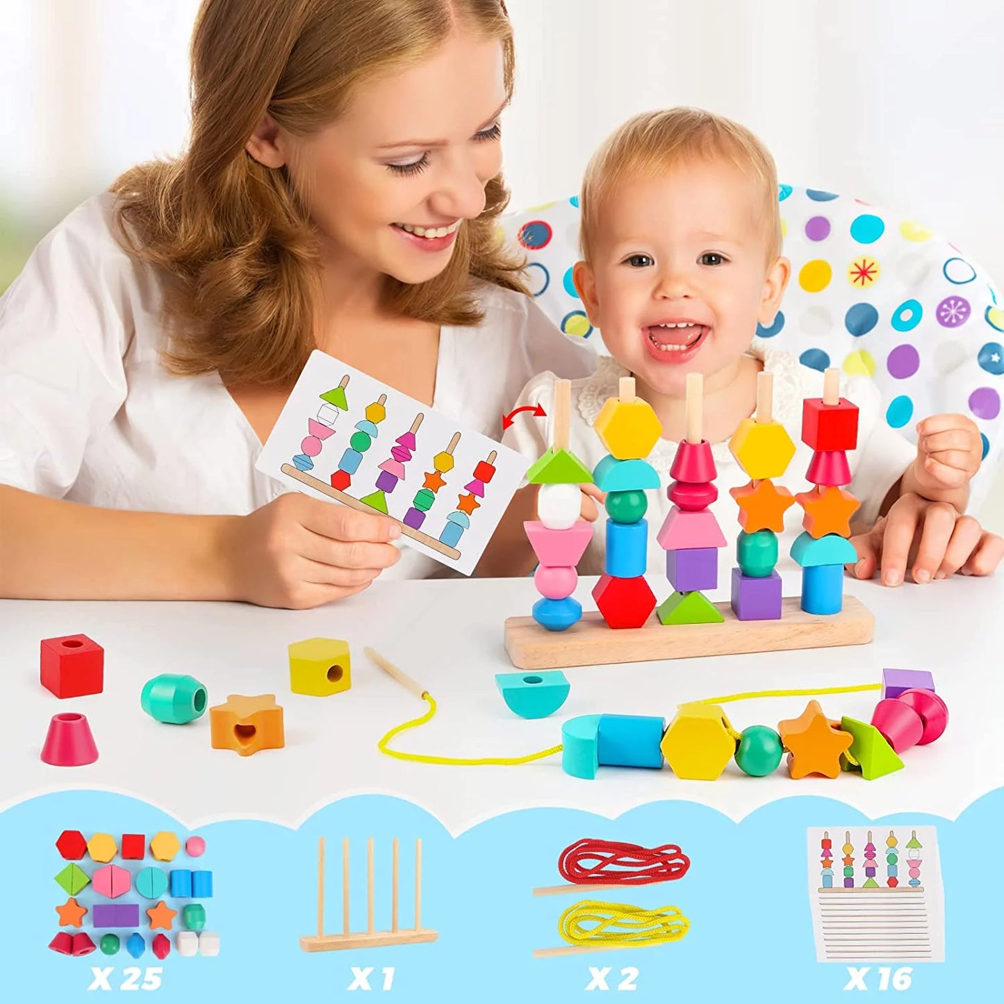 Wooden Beads Sequencing Play Set for Kids, Montessori Lacing Beads & Stacking Blocks & Matching Shapes Colors Toys, Best Preschool Learning Toys for Toddler 2 3 4 5 Year Old Boys Girls