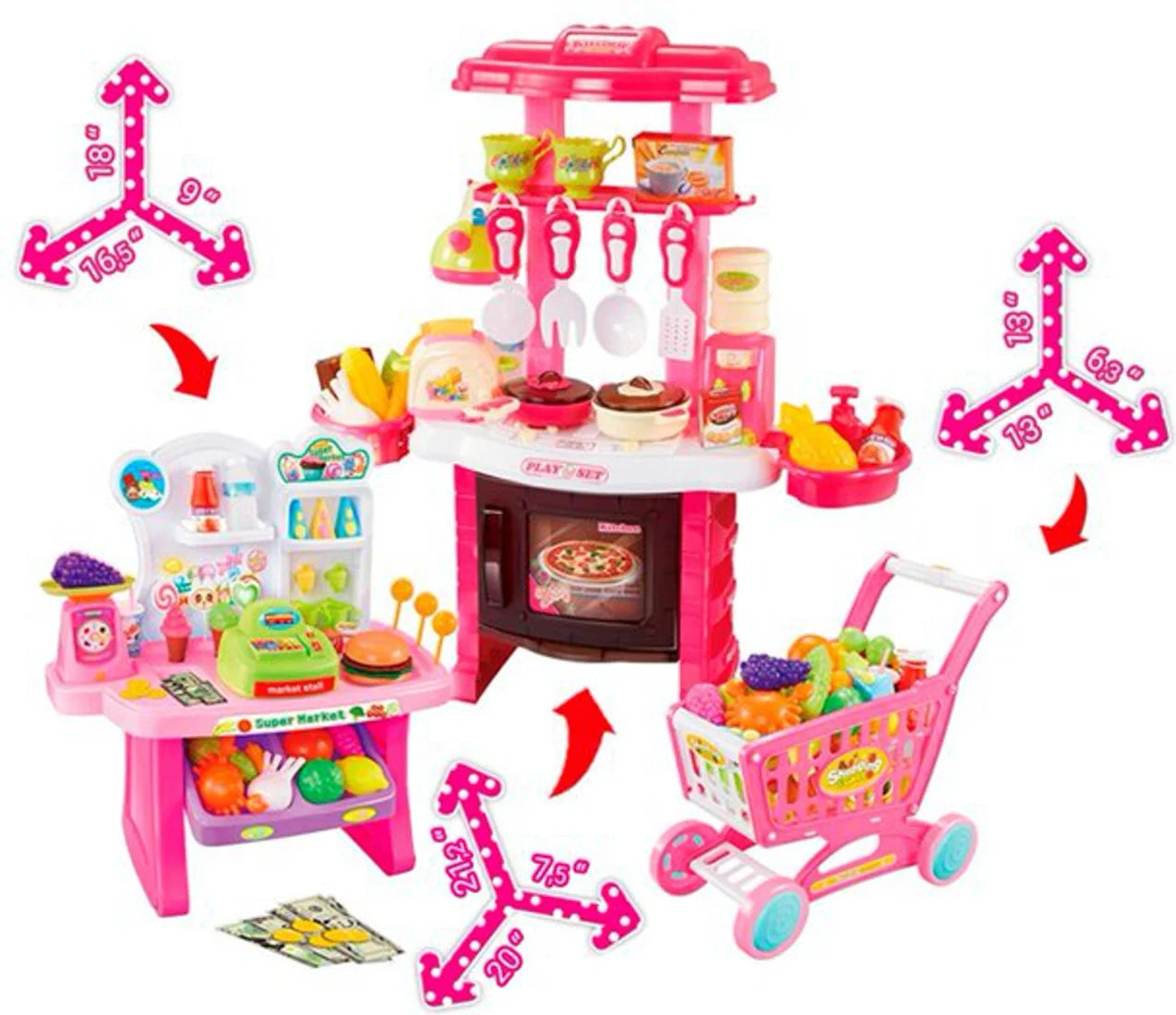 Supermarket Play Set 3 In1 Kitchen Set for Kids Pink 110 Pcs for Toddlers Girls +3