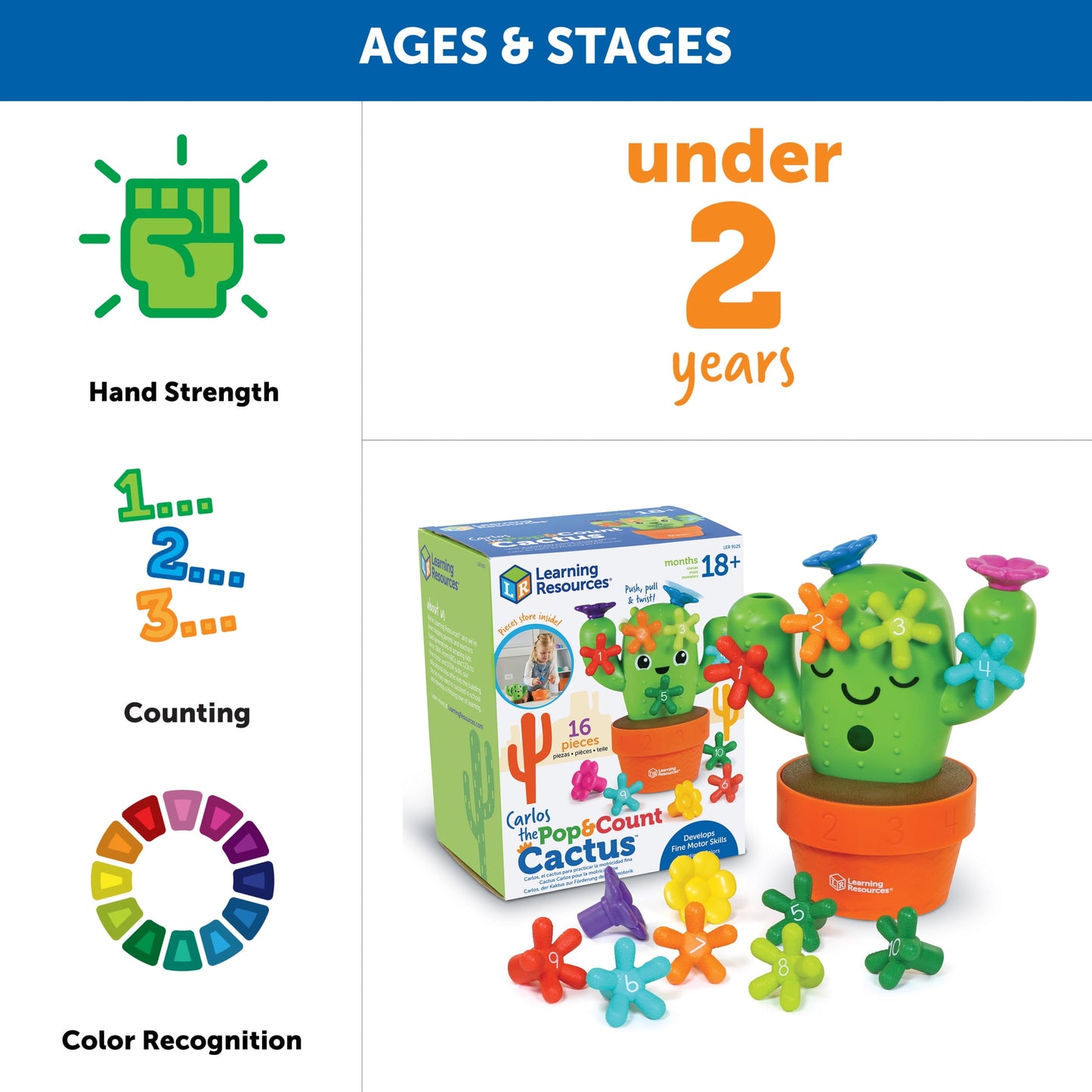 Carlos the Pop & Count Cactus - 16 Pieces, Educational Toys for Boys and Girls Ages 18+ Months, Toddler Toys