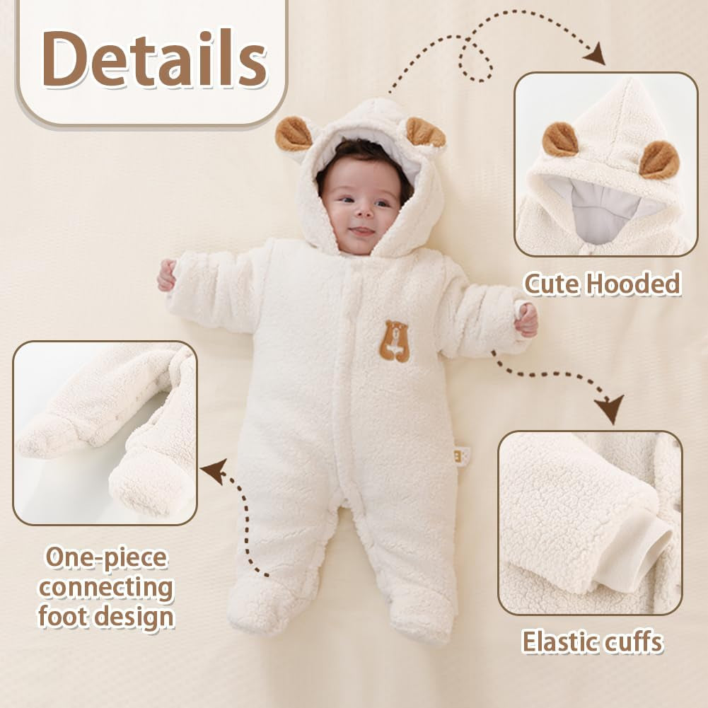 Newborn Fleece Footie Jumpsuit Hooded Warm Thicken Winter Outwear Snowsuit for Baby Girls and Boys