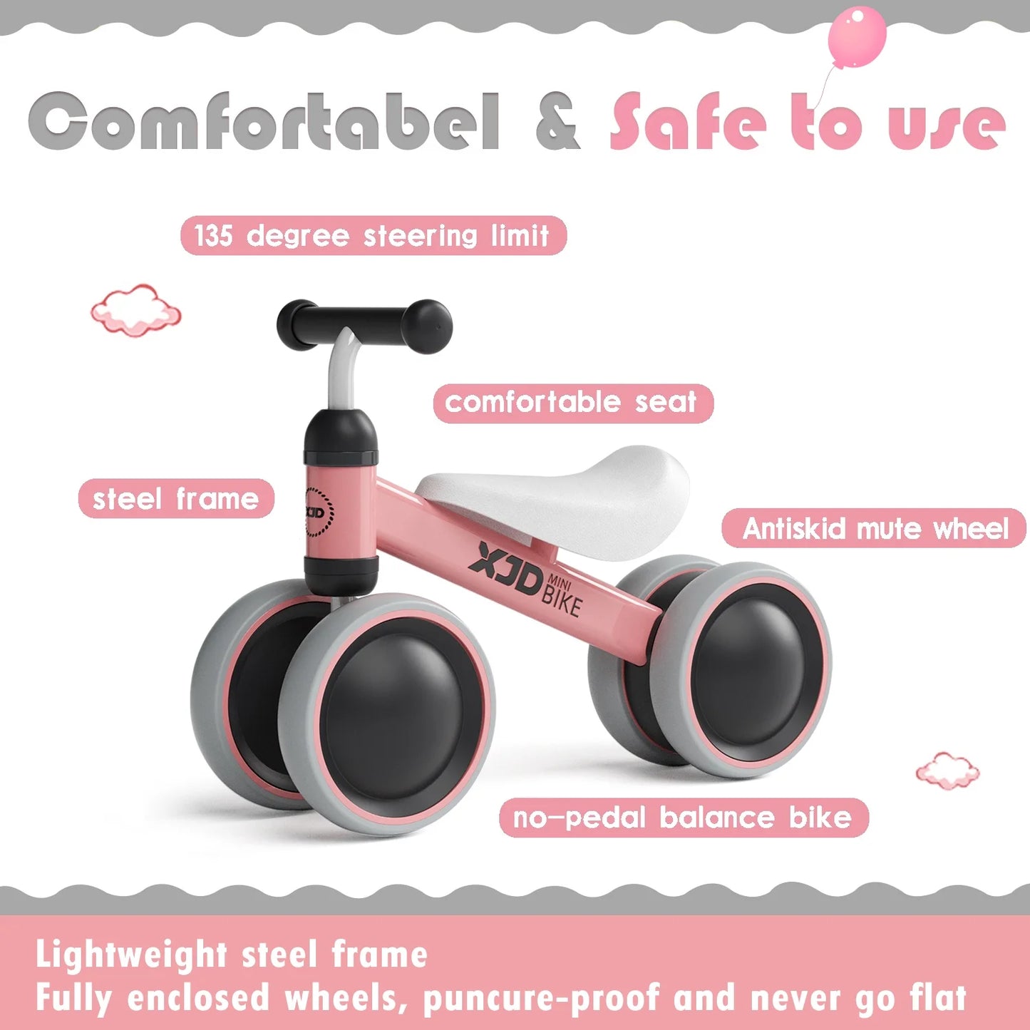 Baby Balance Bike for 1 Year Old Boys Girls 12-24 Month Toddler Walker Bike,4 Wheels Kids First Bike, First Birthday Gifts,Pink