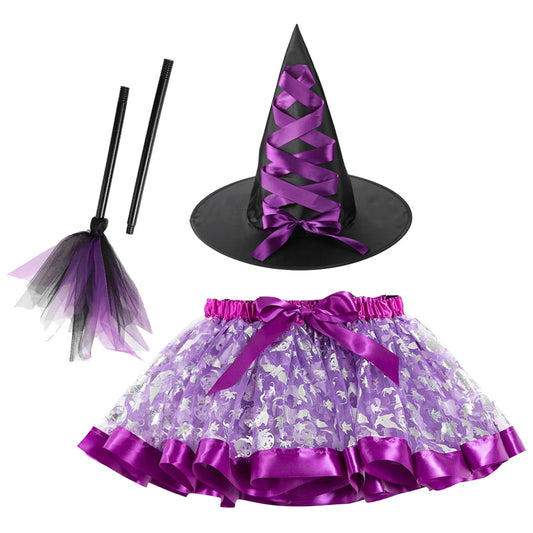 Hallowmas  Headband Skull Graphic Children  Tutu Broom Three-Piece Set Wizard Hat Adult Purple L