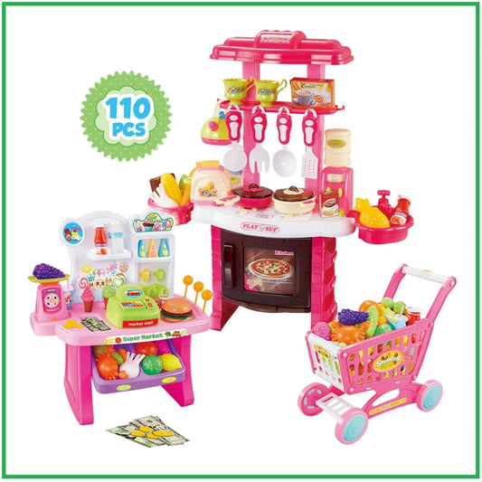 Supermarket Play Set 3 In1 Kitchen Set for Kids Pink 110 Pcs for Toddlers Girls +3