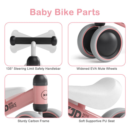 Baby Balance Bike for 1 Year Old Boys Girls 12-24 Month Toddler Walker Bike,4 Wheels Kids First Bike, First Birthday Gifts,Pink