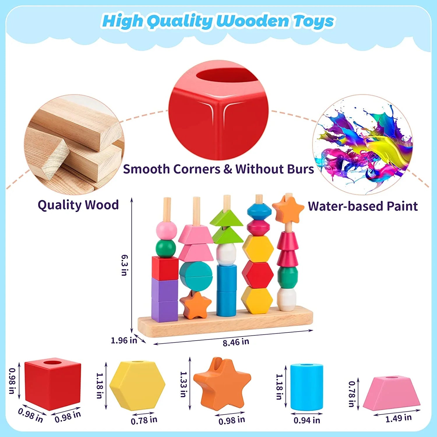 Wooden Beads Sequencing Play Set for Kids, Montessori Lacing Beads & Stacking Blocks & Matching Shapes Colors Toys, Best Preschool Learning Toys for Toddler 2 3 4 5 Year Old Boys Girls