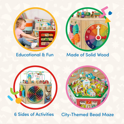 Curiocity Wooden Activity Center with 7 Sides and Bead Maze, Baby and Toddler Toys