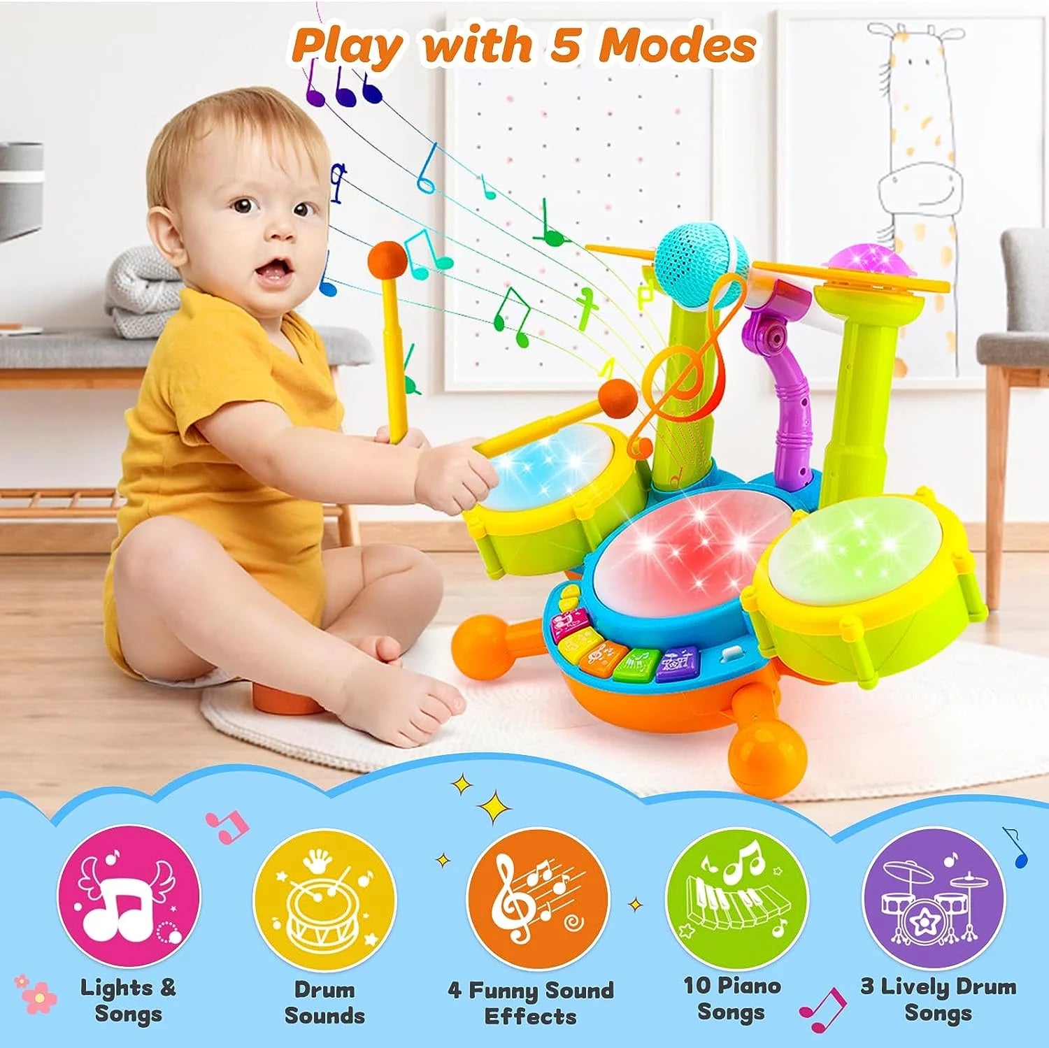 Musical Toys for 1 Year Old, Drum Sets for Toddlers 1-3, Baby Learning Toys for 2-5 Years, Light Uptoy for Girls Boys Birthday Gift