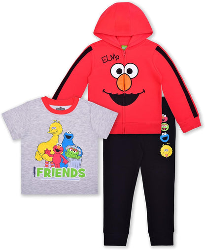 Elmo and Cookie Monster Boys Zip-Up Hoodie, T-Shirt and Pants Set for Infant and Toddlers