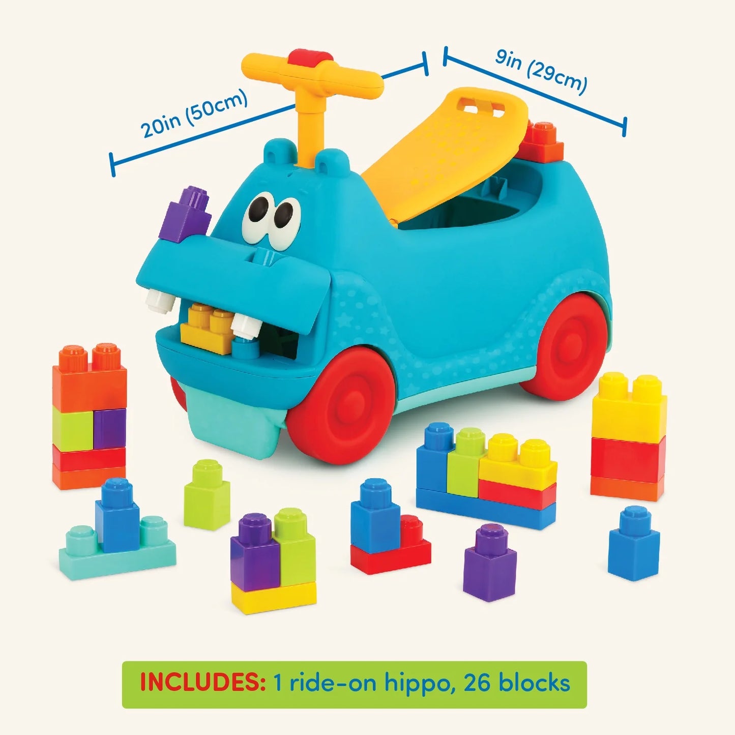 Ride-On Hippo with 26 Building Blocks and Storage, Baby and Toddler Toys