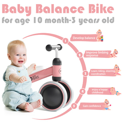 Baby Balance Bike for 1 Year Old Boys Girls 12-24 Month Toddler Walker Bike,4 Wheels Kids First Bike, First Birthday Gifts,Pink