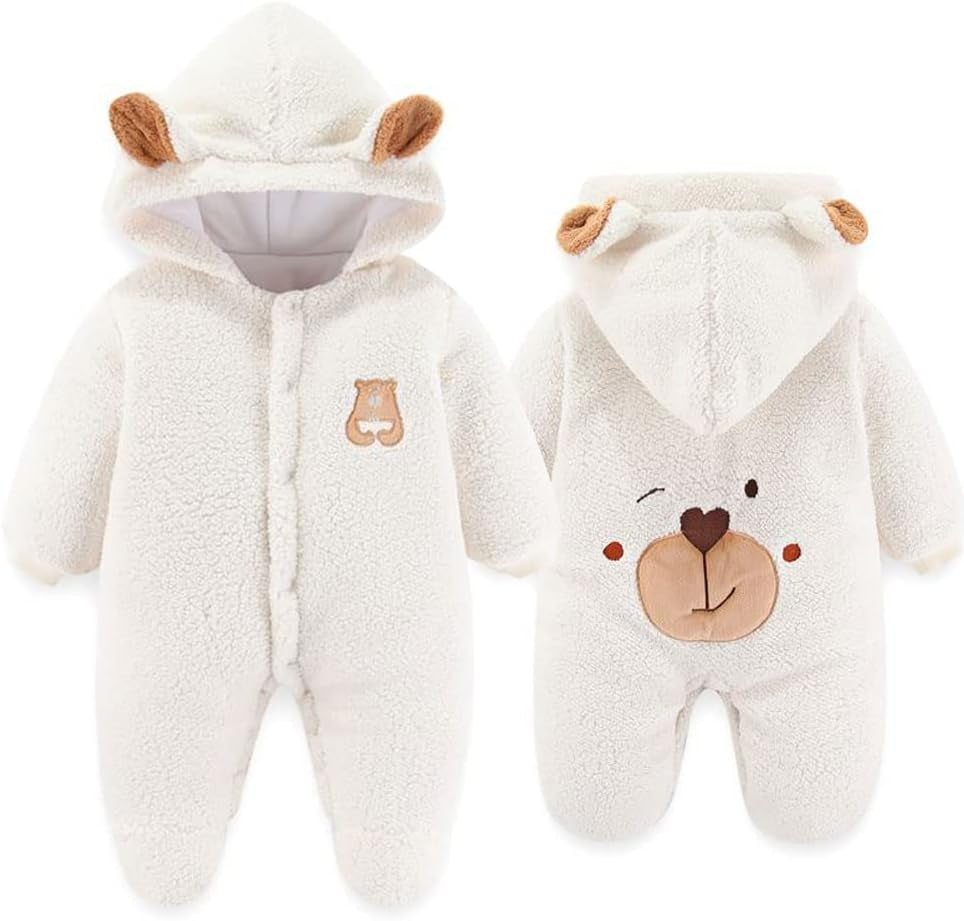 Newborn Fleece Footie Jumpsuit Hooded Warm Thicken Winter Outwear Snowsuit for Baby Girls and Boys