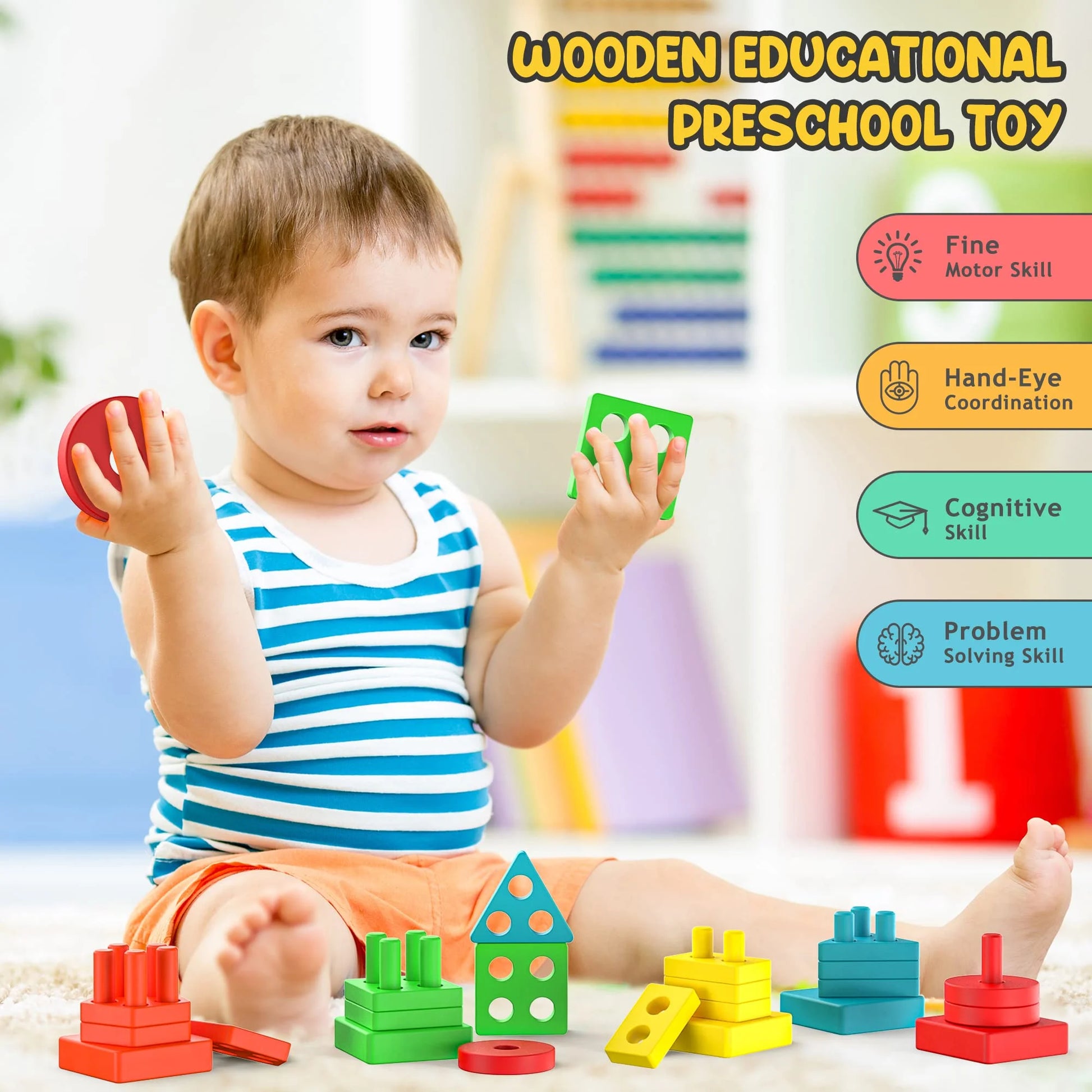 Stacking Learning Toys for 1 2 3 Year Old Boys Girls, Baby Montessori Wooden Sorting Educational Gifts for 6 9 12 18 24 Months Toddlers Infant