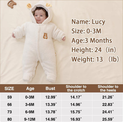 Newborn Fleece Footie Jumpsuit Hooded Warm Thicken Winter Outwear Snowsuit for Baby Girls and Boys