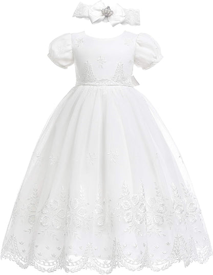 Baby-Girls Newborn Satin Christening Baptism Floral Embroidered Dress Gown Outfit