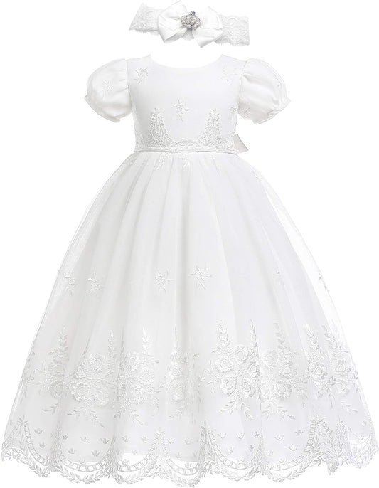 Baby-Girls Newborn Satin Christening Baptism Floral Embroidered Dress Gown Outfit