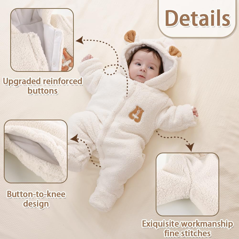 Newborn Fleece Footie Jumpsuit Hooded Warm Thicken Winter Outwear Snowsuit for Baby Girls and Boys