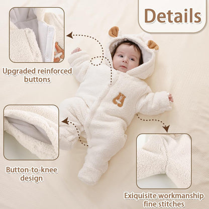 Newborn Fleece Footie Jumpsuit Hooded Warm Thicken Winter Outwear Snowsuit for Baby Girls and Boys