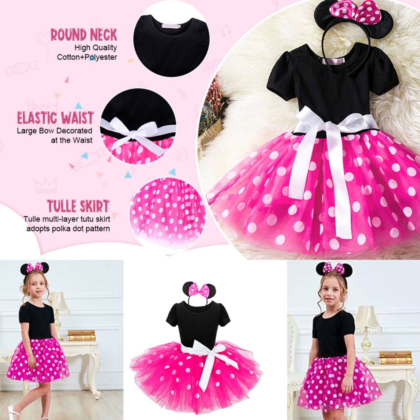 Minnie Mouse Costume Girls Dress up Princess Toddler Cute Polka Dots Fancy Minnie Mouse Dresses up Bowknot Tutu Tulle Cosplay Birthday Party Baby Girl Costume with Headband 90 CM