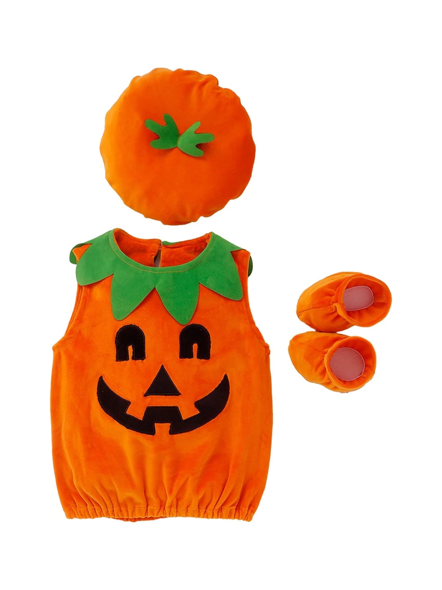 Newborn Baby Halloween Cosplay Costume Pumpkin Print Top Solid Shoes Patchwork Hat 3PCS