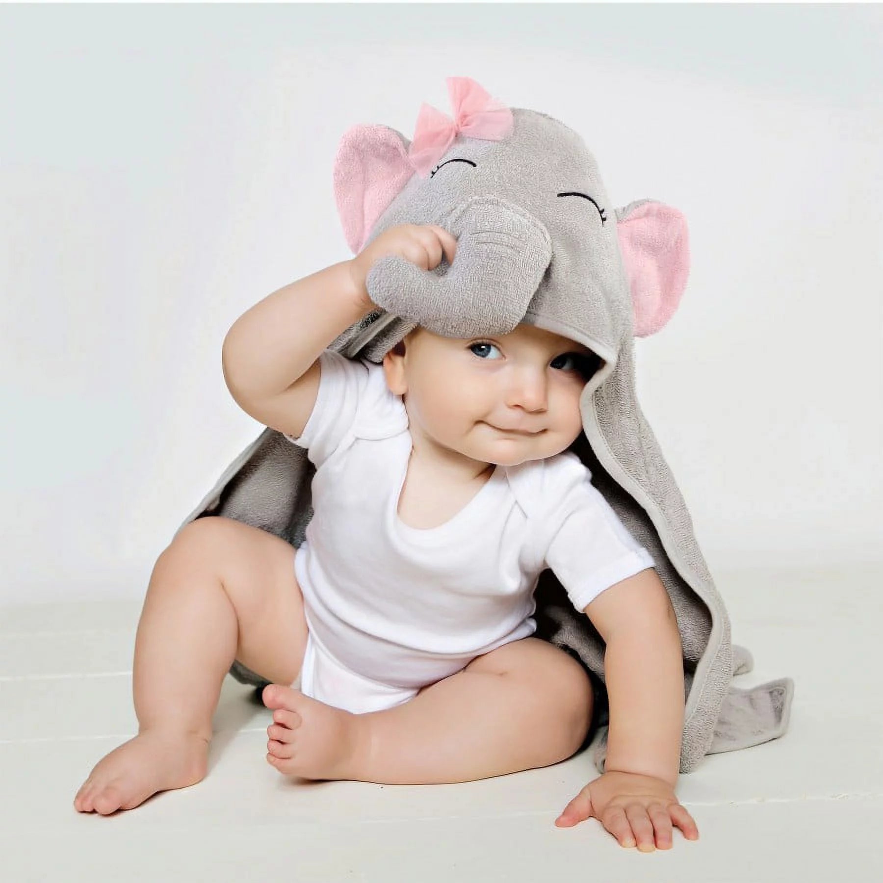 Infant Girl Cotton Animal Face Hooded Towel, Pretty Elephant, One Size