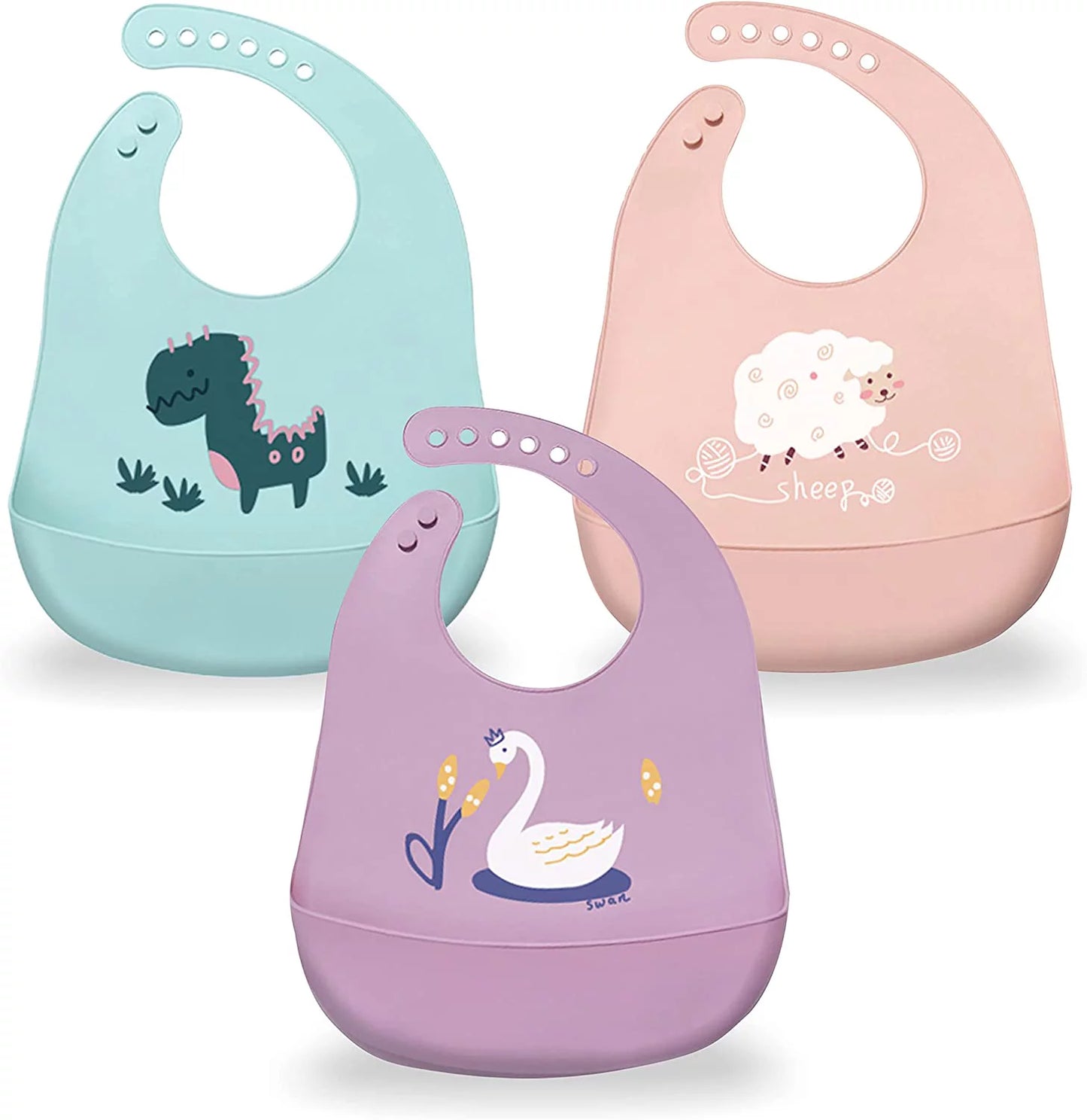 Silicone Baby Bibs Adjustable Silicone Bibs for Babies and Toddlers, Set of 3