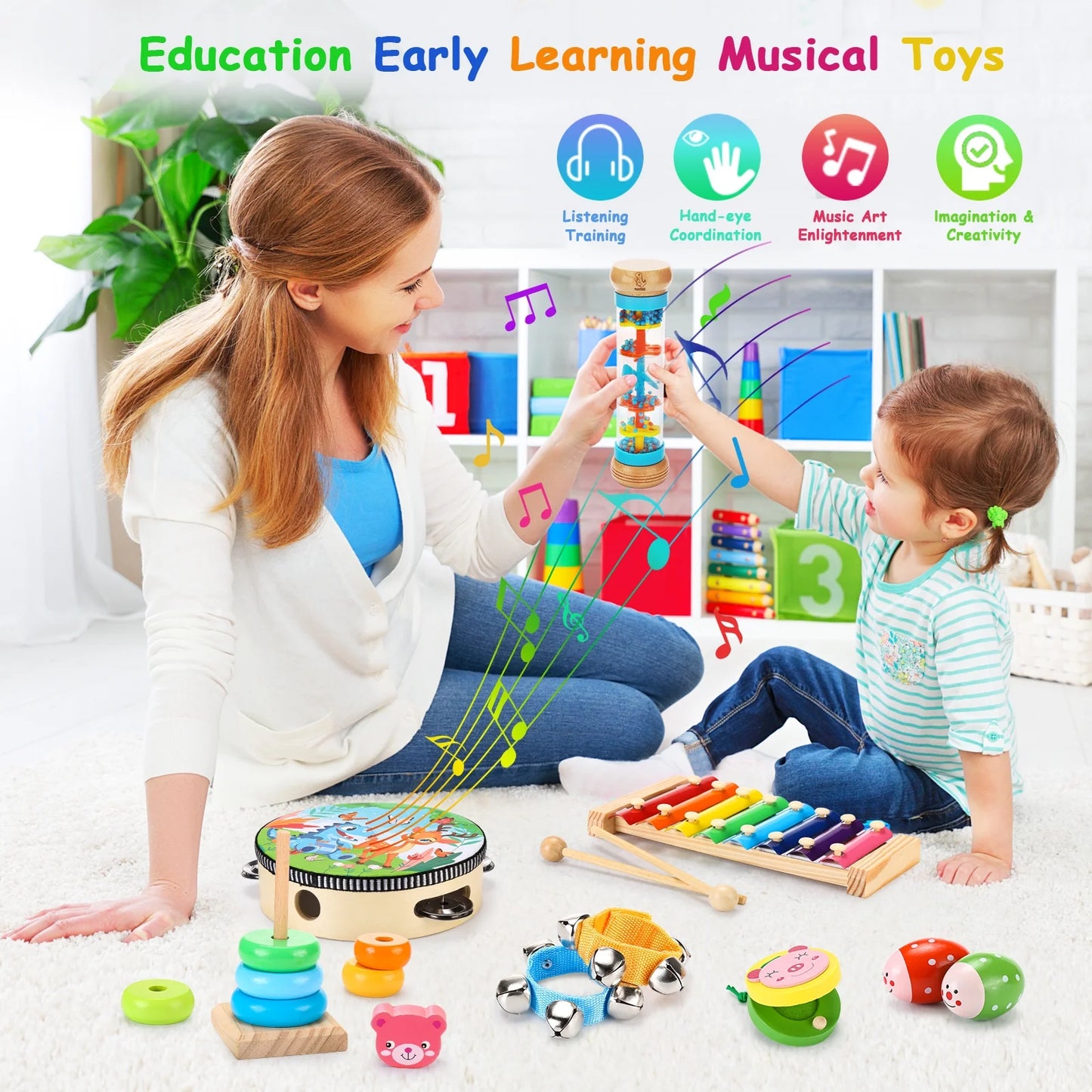 Educational Toys Tambourine Xylophone Baby Music Toys Wood Musical Instruments for Toddler 1-4