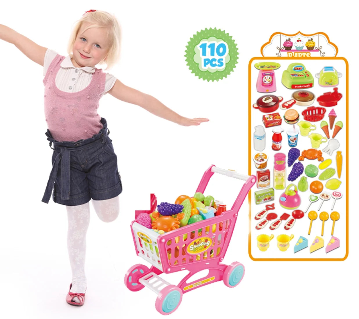 Supermarket Play Set 3 In1 Kitchen Set for Kids Pink 110 Pcs for Toddlers Girls +3